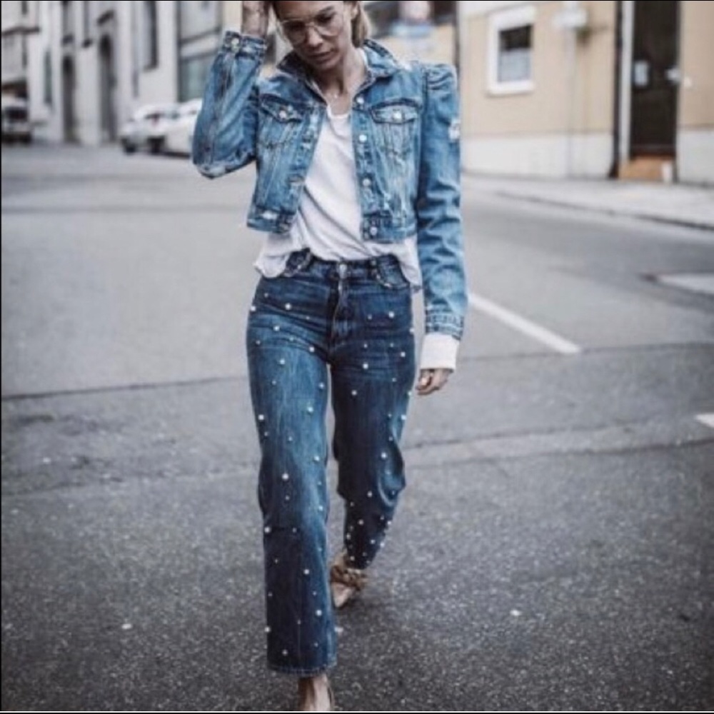 ZARA Vintage Straight Jeans with pearls Premium Denim Collection